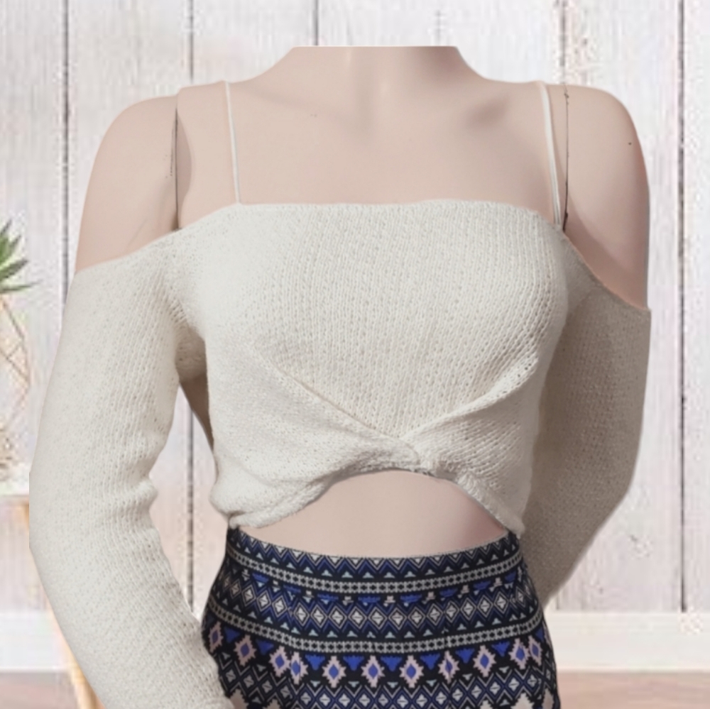 Off The Shoulder Crop Knit long sleeve cream top